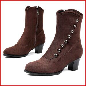 Victorian Ankle Boots Suede Chunky Heel Almond Toe Dress Shoes